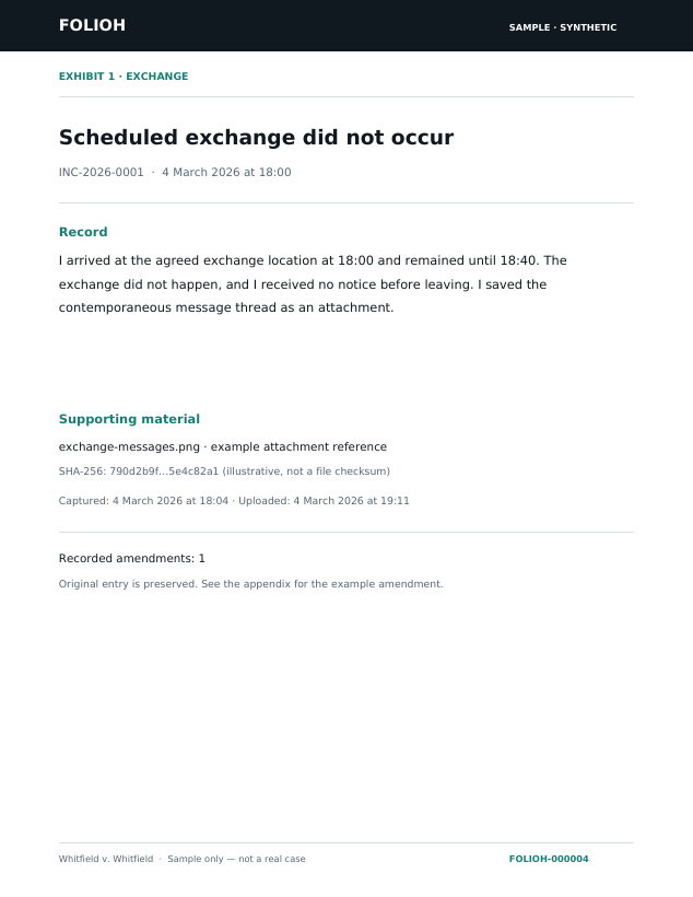 Sample Folioh exhibit page from a synthetic packet