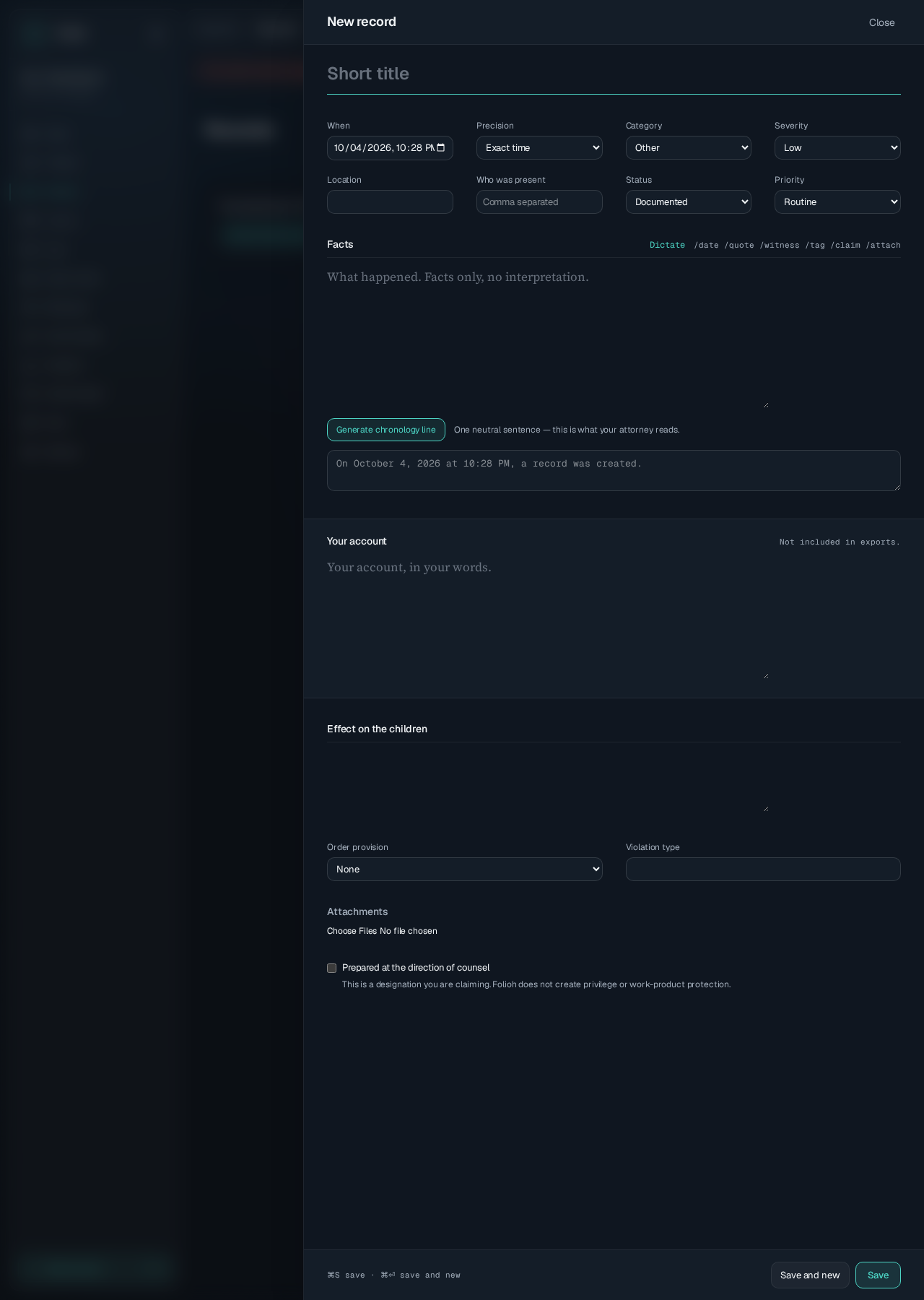 Actual Folioh record composer with fields for facts, chronology, and attachments