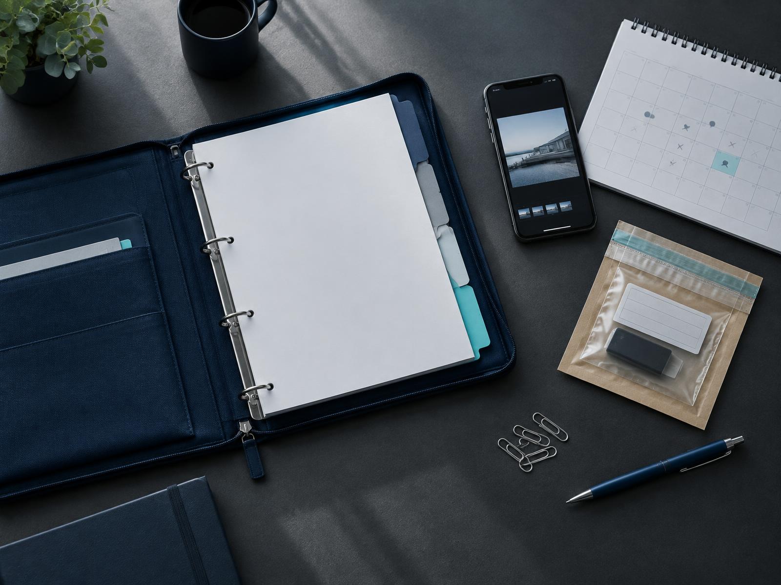 An organized case binder, calendar, phone photo, and sealed evidence pouch